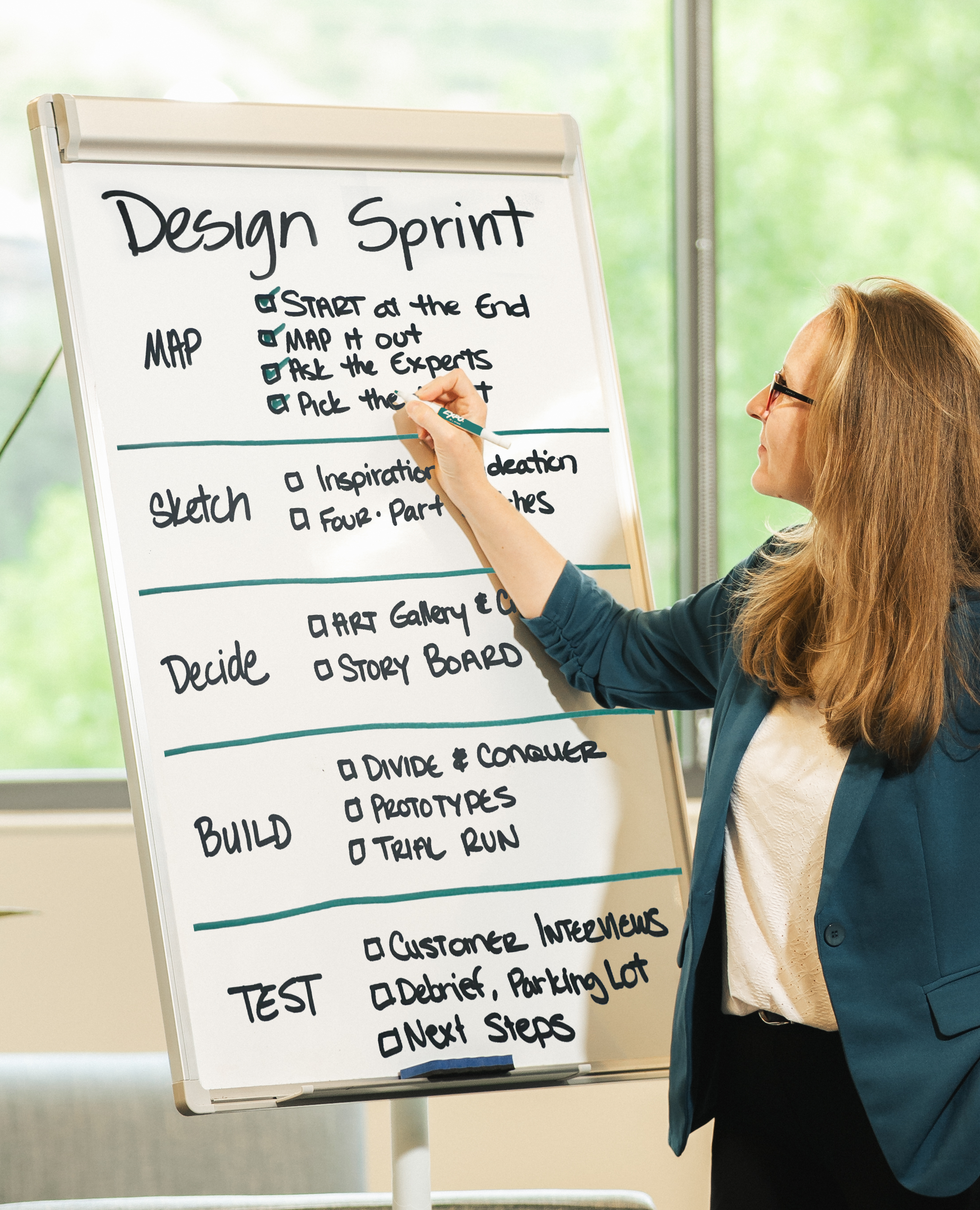Design Sprint schedule on a whiteboard showing the five phases: Map, Sketch, Decide, Build, and Test