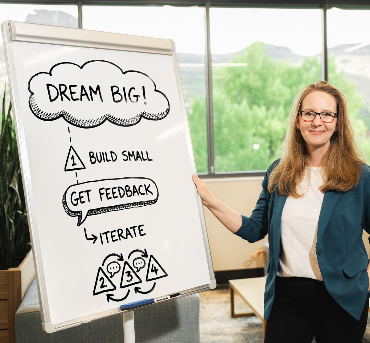 Corissa Bowman beside a whiteboard reading Dream big, build small, get feedback, iterate