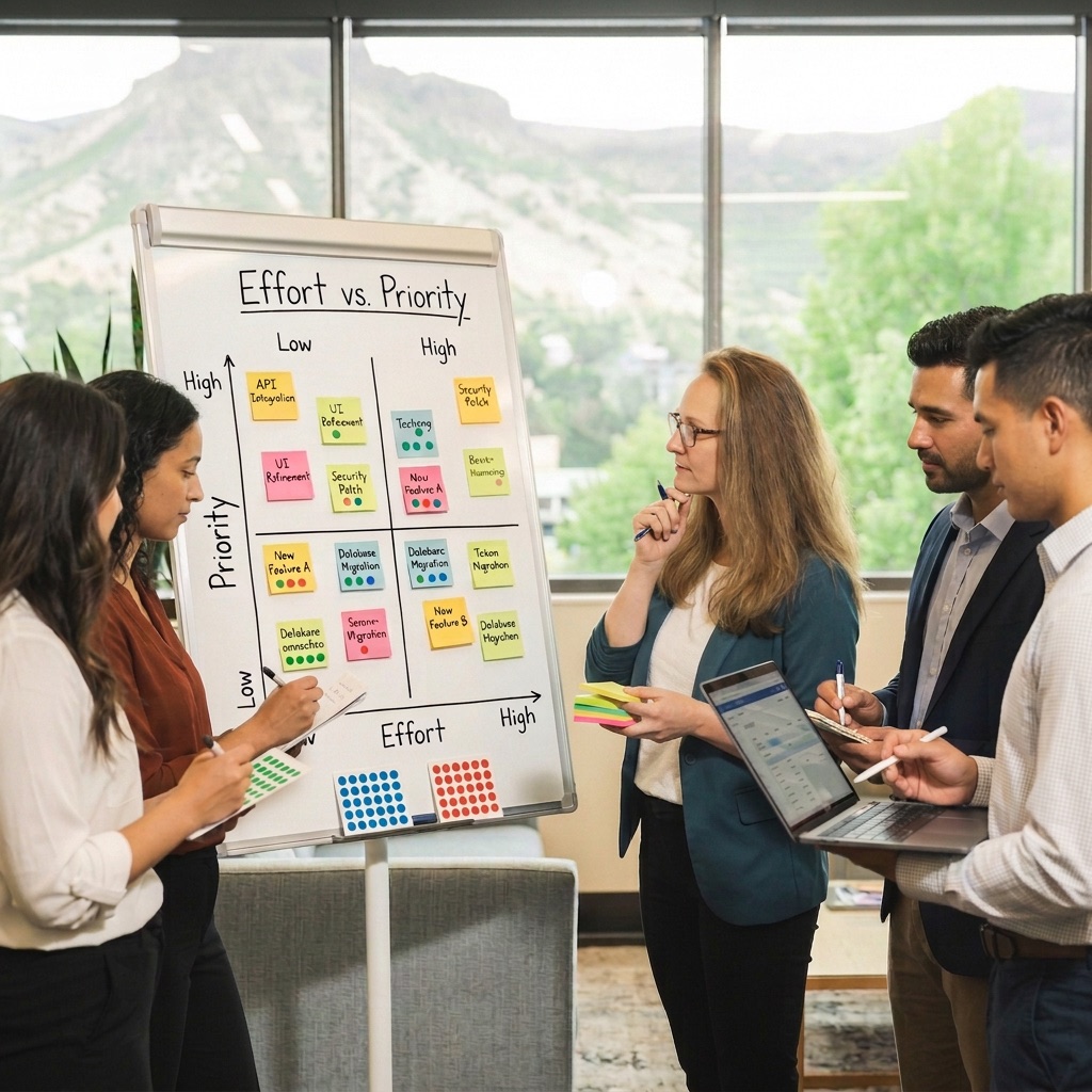 A team prioritizing work on an effort versus priority board during a facilitated workshop